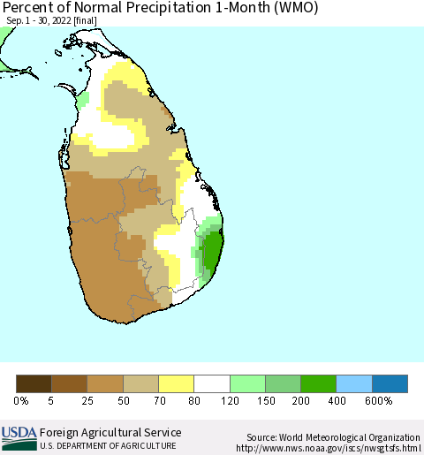 Sri Lanka Percent of Normal Precipitation 1-Month (WMO) Thematic Map For 9/1/2022 - 9/30/2022