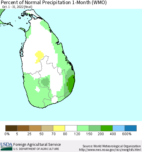 Sri Lanka Percent of Normal Precipitation 1-Month (WMO) Thematic Map For 10/1/2022 - 10/31/2022
