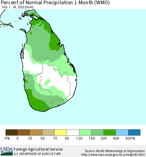 Sri Lanka Percent of Normal Precipitation 1-Month (WMO) Thematic Map For 2/1/2023 - 2/28/2023