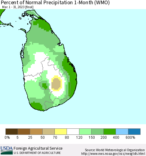 Sri Lanka Percent of Normal Precipitation 1-Month (WMO) Thematic Map For 3/1/2023 - 3/31/2023