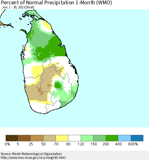Sri Lanka Percent of Normal Precipitation 1-Month (WMO) Thematic Map For 6/1/2023 - 6/30/2023