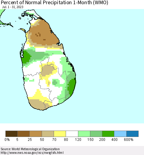 Sri Lanka Percent of Normal Precipitation 1-Month (WMO) Thematic Map For 7/1/2023 - 7/31/2023