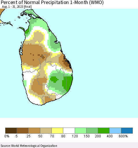 Sri Lanka Percent of Normal Precipitation 1-Month (WMO) Thematic Map For 8/1/2023 - 8/31/2023