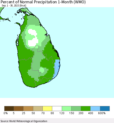 Sri Lanka Percent of Normal Precipitation 1-Month (WMO) Thematic Map For 9/1/2023 - 9/30/2023