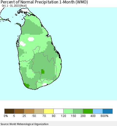 Sri Lanka Percent of Normal Precipitation 1-Month (WMO) Thematic Map For 10/1/2023 - 10/31/2023