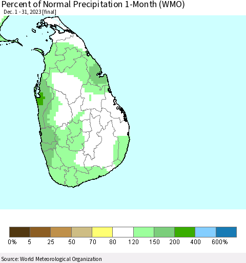 Sri Lanka Percent of Normal Precipitation 1-Month (WMO) Thematic Map For 12/1/2023 - 12/31/2023