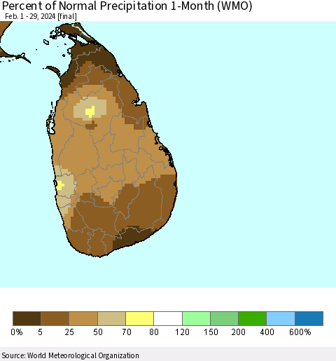 Sri Lanka Percent of Normal Precipitation 1-Month (WMO) Thematic Map For 2/1/2024 - 2/29/2024