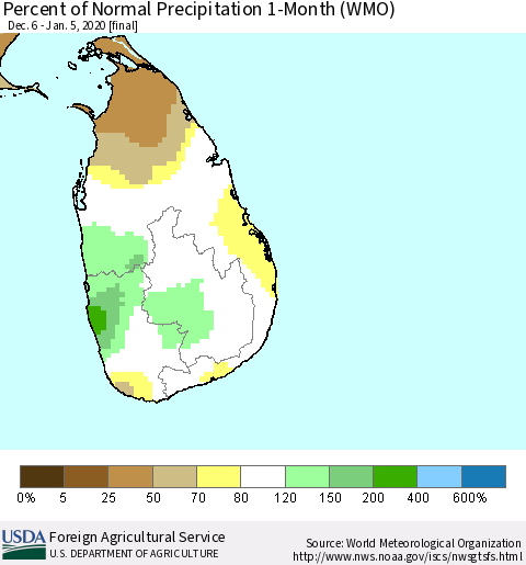 Sri Lanka Percent of Normal Precipitation 1-Month (WMO) Thematic Map For 12/6/2019 - 1/5/2020