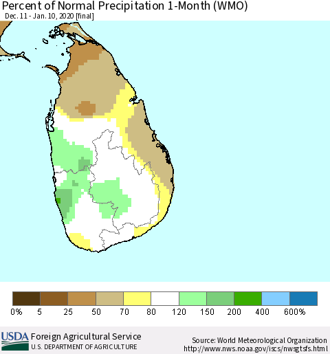 Sri Lanka Percent of Normal Precipitation 1-Month (WMO) Thematic Map For 12/11/2019 - 1/10/2020
