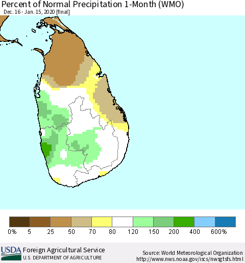 Sri Lanka Percent of Normal Precipitation 1-Month (WMO) Thematic Map For 12/16/2019 - 1/15/2020