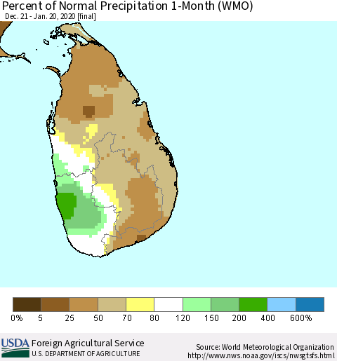 Sri Lanka Percent of Normal Precipitation 1-Month (WMO) Thematic Map For 12/21/2019 - 1/20/2020