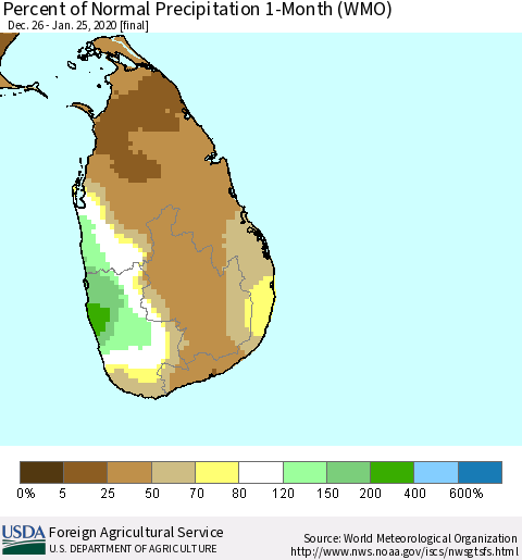 Sri Lanka Percent of Normal Precipitation 1-Month (WMO) Thematic Map For 12/26/2019 - 1/25/2020