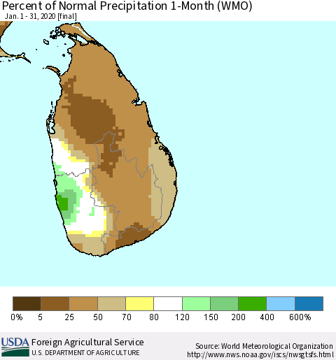 Sri Lanka Percent of Normal Precipitation 1-Month (WMO) Thematic Map For 1/1/2020 - 1/31/2020