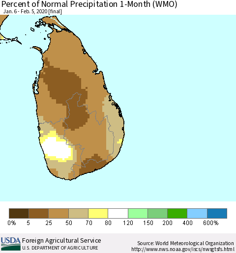 Sri Lanka Percent of Normal Precipitation 1-Month (WMO) Thematic Map For 1/6/2020 - 2/5/2020