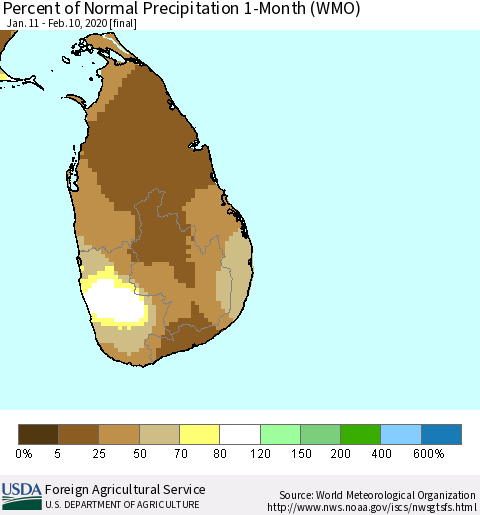 Sri Lanka Percent of Normal Precipitation 1-Month (WMO) Thematic Map For 1/11/2020 - 2/10/2020