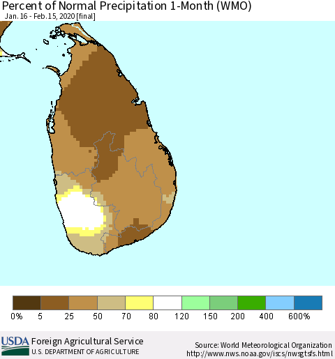 Sri Lanka Percent of Normal Precipitation 1-Month (WMO) Thematic Map For 1/16/2020 - 2/15/2020