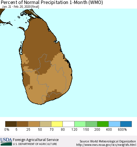 Sri Lanka Percent of Normal Precipitation 1-Month (WMO) Thematic Map For 1/21/2020 - 2/20/2020