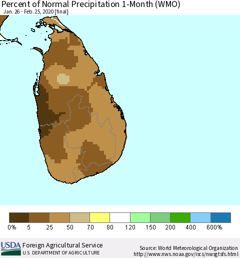 Sri Lanka Percent of Normal Precipitation 1-Month (WMO) Thematic Map For 1/26/2020 - 2/25/2020