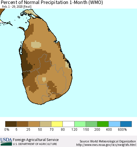 Sri Lanka Percent of Normal Precipitation 1-Month (WMO) Thematic Map For 2/1/2020 - 2/29/2020