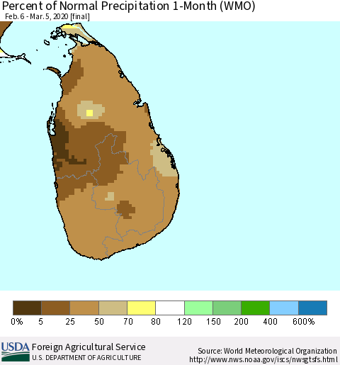 Sri Lanka Percent of Normal Precipitation 1-Month (WMO) Thematic Map For 2/6/2020 - 3/5/2020