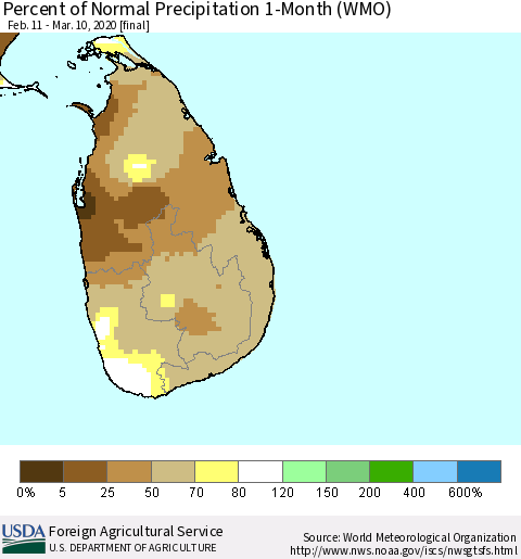 Sri Lanka Percent of Normal Precipitation 1-Month (WMO) Thematic Map For 2/11/2020 - 3/10/2020