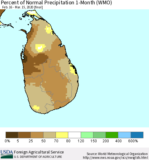 Sri Lanka Percent of Normal Precipitation 1-Month (WMO) Thematic Map For 2/16/2020 - 3/15/2020