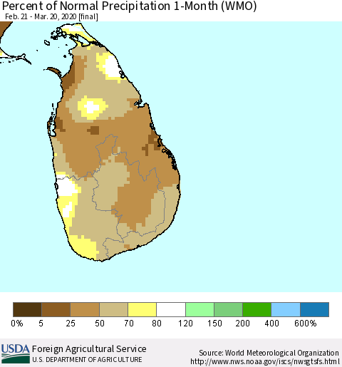 Sri Lanka Percent of Normal Precipitation 1-Month (WMO) Thematic Map For 2/21/2020 - 3/20/2020