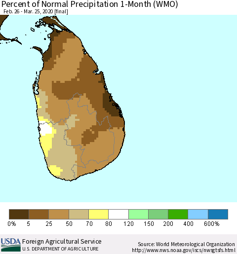 Sri Lanka Percent of Normal Precipitation 1-Month (WMO) Thematic Map For 2/26/2020 - 3/25/2020