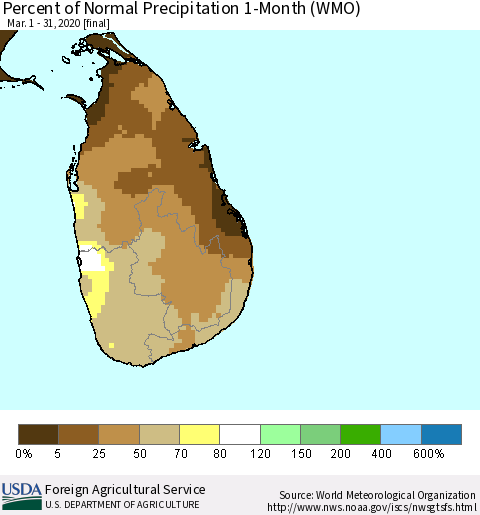 Sri Lanka Percent of Normal Precipitation 1-Month (WMO) Thematic Map For 3/1/2020 - 3/31/2020