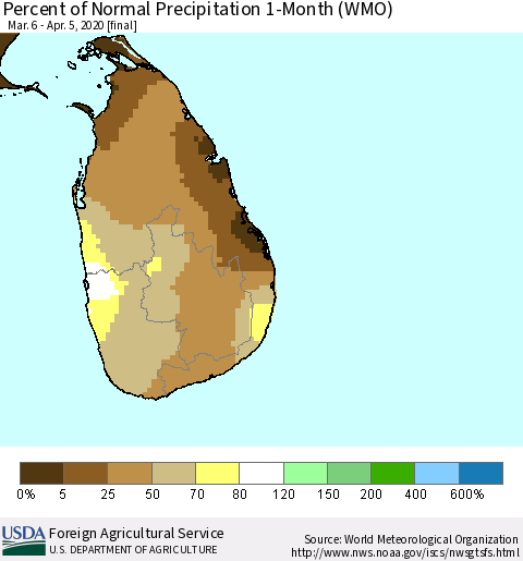 Sri Lanka Percent of Normal Precipitation 1-Month (WMO) Thematic Map For 3/6/2020 - 4/5/2020