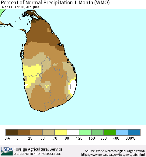 Sri Lanka Percent of Normal Precipitation 1-Month (WMO) Thematic Map For 3/11/2020 - 4/10/2020