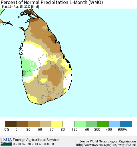 Sri Lanka Percent of Normal Precipitation 1-Month (WMO) Thematic Map For 3/16/2020 - 4/15/2020
