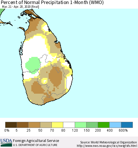Sri Lanka Percent of Normal Precipitation 1-Month (WMO) Thematic Map For 3/21/2020 - 4/20/2020