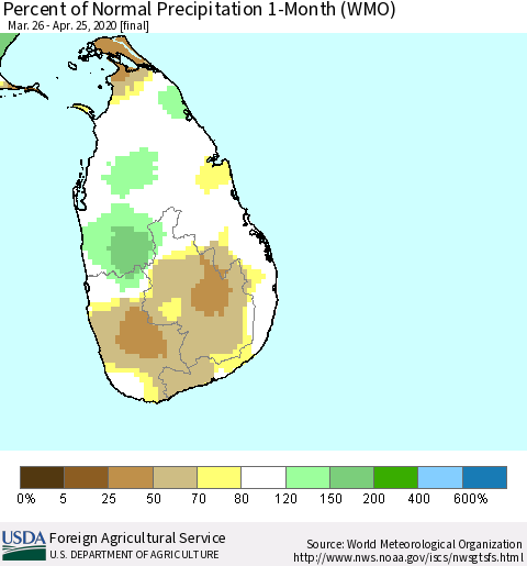 Sri Lanka Percent of Normal Precipitation 1-Month (WMO) Thematic Map For 3/26/2020 - 4/25/2020