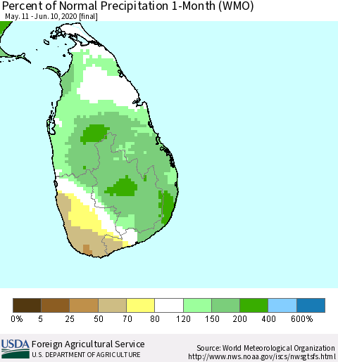 Sri Lanka Percent of Normal Precipitation 1-Month (WMO) Thematic Map For 5/11/2020 - 6/10/2020