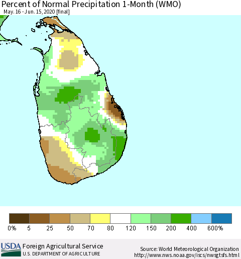 Sri Lanka Percent of Normal Precipitation 1-Month (WMO) Thematic Map For 5/16/2020 - 6/15/2020