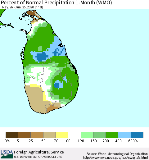 Sri Lanka Percent of Normal Precipitation 1-Month (WMO) Thematic Map For 5/26/2020 - 6/25/2020