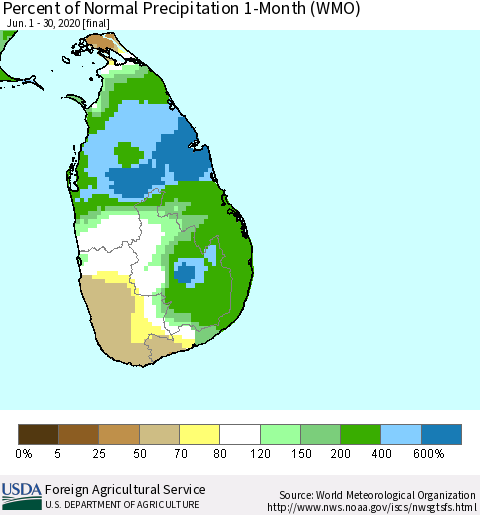 Sri Lanka Percent of Normal Precipitation 1-Month (WMO) Thematic Map For 6/1/2020 - 6/30/2020