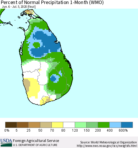 Sri Lanka Percent of Normal Precipitation 1-Month (WMO) Thematic Map For 6/6/2020 - 7/5/2020