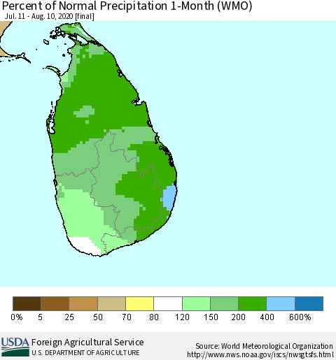 Sri Lanka Percent of Normal Precipitation 1-Month (WMO) Thematic Map For 7/11/2020 - 8/10/2020