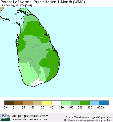 Sri Lanka Percent of Normal Precipitation 1-Month (WMO) Thematic Map For 7/16/2020 - 8/15/2020
