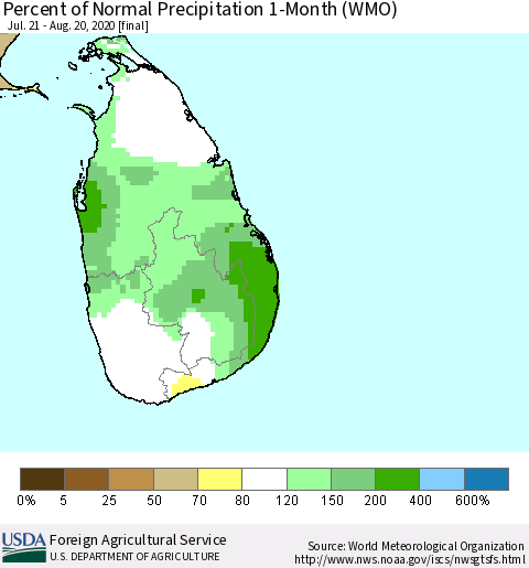 Sri Lanka Percent of Normal Precipitation 1-Month (WMO) Thematic Map For 7/21/2020 - 8/20/2020