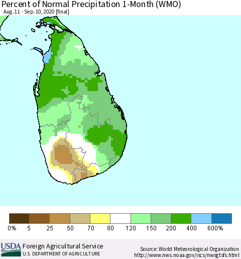 Sri Lanka Percent of Normal Precipitation 1-Month (WMO) Thematic Map For 8/11/2020 - 9/10/2020