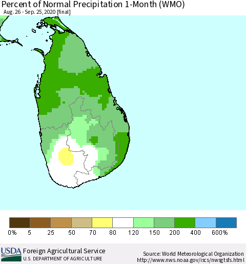 Sri Lanka Percent of Normal Precipitation 1-Month (WMO) Thematic Map For 8/26/2020 - 9/25/2020