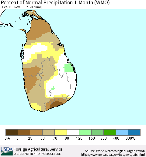 Sri Lanka Percent of Normal Precipitation 1-Month (WMO) Thematic Map For 10/11/2020 - 11/10/2020