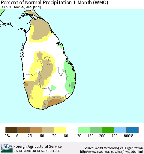 Sri Lanka Percent of Normal Precipitation 1-Month (WMO) Thematic Map For 10/21/2020 - 11/20/2020