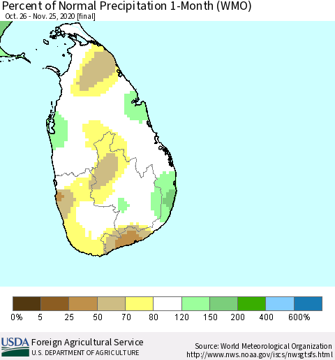 Sri Lanka Percent of Normal Precipitation 1-Month (WMO) Thematic Map For 10/26/2020 - 11/25/2020
