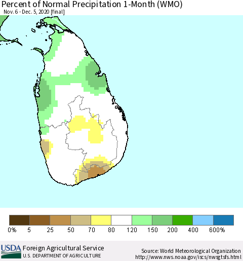 Sri Lanka Percent of Normal Precipitation 1-Month (WMO) Thematic Map For 11/6/2020 - 12/5/2020