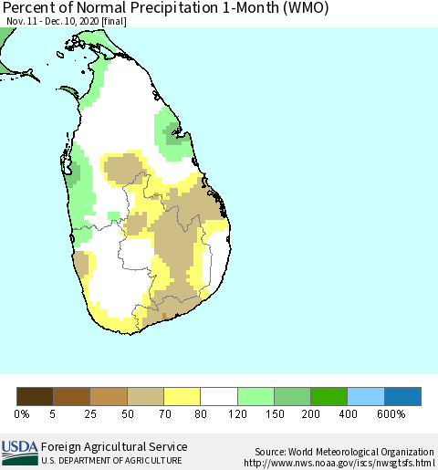 Sri Lanka Percent of Normal Precipitation 1-Month (WMO) Thematic Map For 11/11/2020 - 12/10/2020