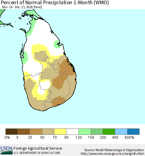 Sri Lanka Percent of Normal Precipitation 1-Month (WMO) Thematic Map For 11/16/2020 - 12/15/2020